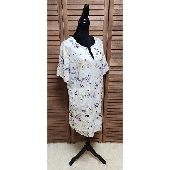 J. Jill Love Linen Watercolor Floral Shift Dress Large Petite Coastal Casual - Picture 2 of 7